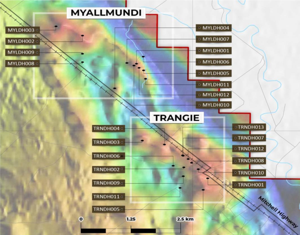 Figure 4 Trangie And Myallmundi Targets Drill Hole Location Map With Rtp Tmi Magnetic